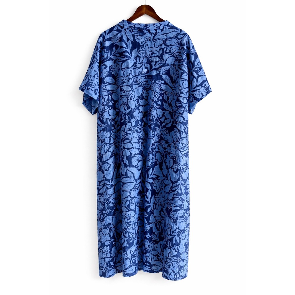 Belle Asle Blue Floral Organic Linen Midi Caftan Dress Short Sleeve Pocket - Picture 2 of 16